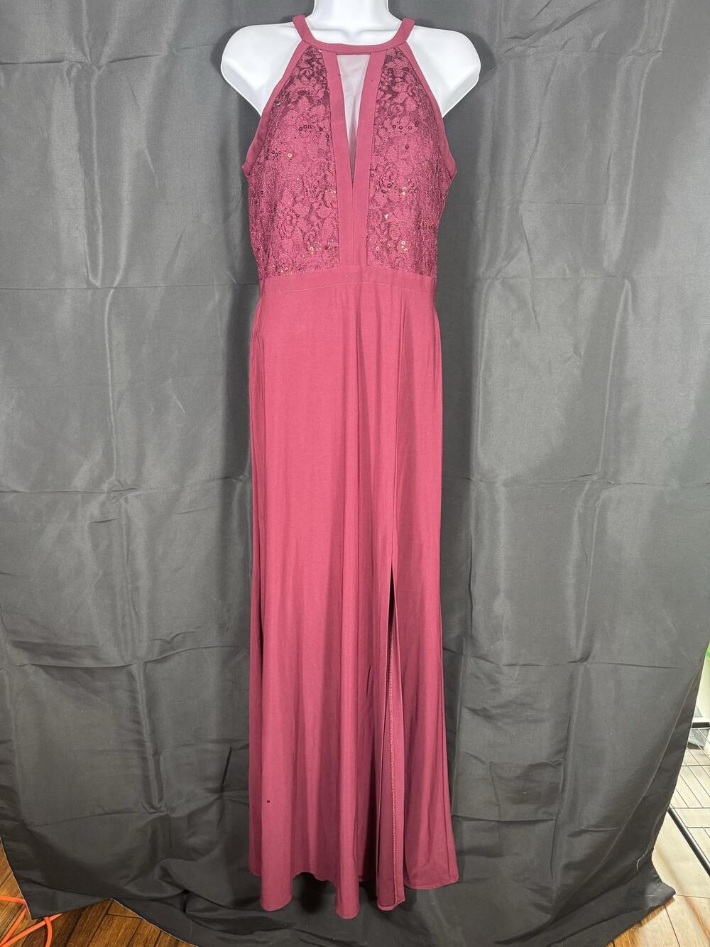 Nightway Maxi Dress Womens 8 Pink Lace Sequin Halter Side Slit Formal Evening